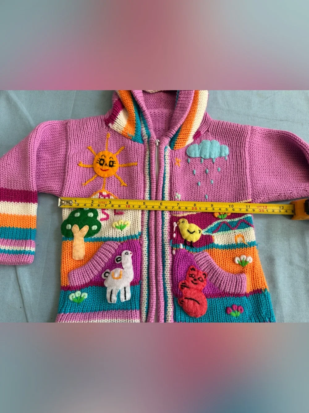 Hand Embroidered Pink Peruvian Kids Hooded Sweater Cardigan Girls Sz 4 Handmade